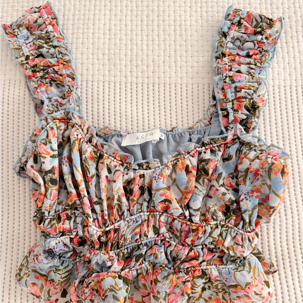 Astr Floral Ruffle Blouse - Blue and Pink